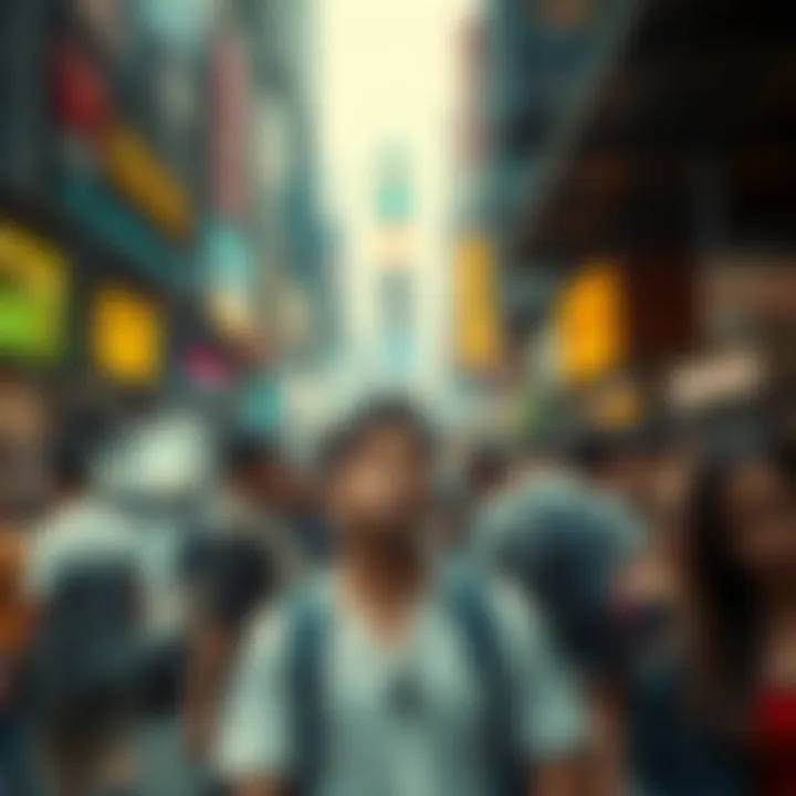 A group of people looking confused and stressed in a busy urban environment, surrounded by signs of conflict and unrest.