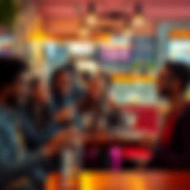 People in a new environment Group of friends gradually getting comfortable in a new cafรฉ, sharing laughs and enjoying their drinks.