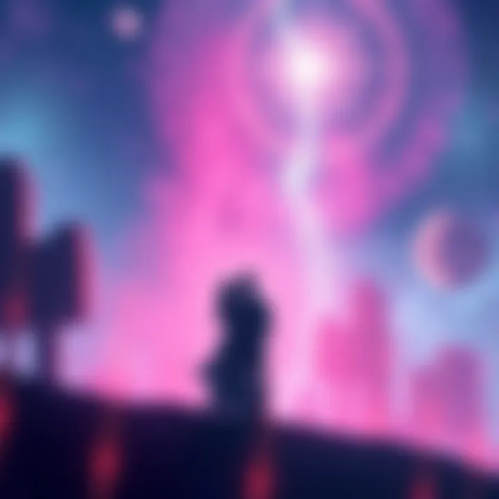 Two figures interacting in a vibrant astral landscape, representing shared experiences during astral projection.