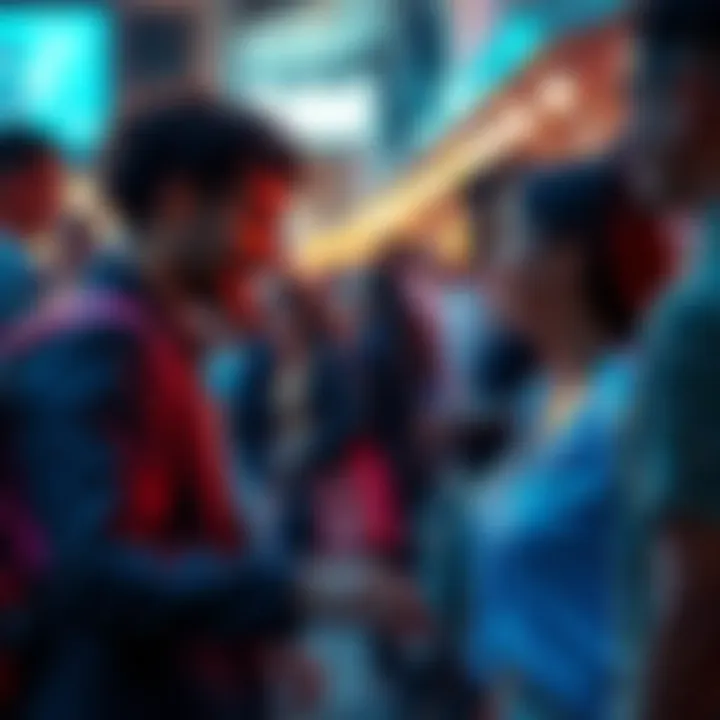 A diverse group of people engaging in conversation and sharing moments, representing friendship and romance.