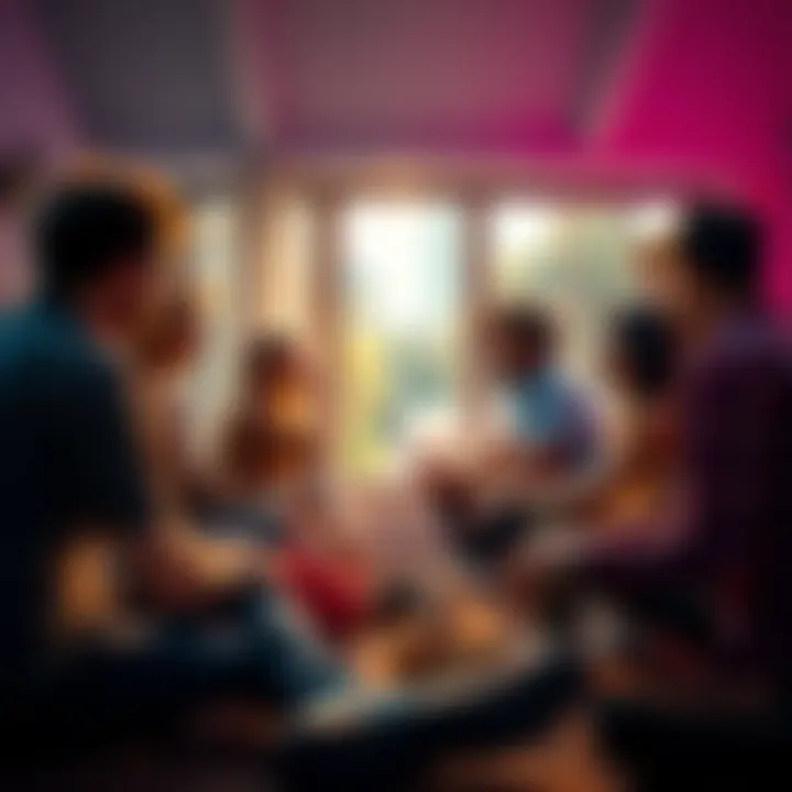 A group of diverse people sitting in a circle, sharing thoughts and supporting each other in a warm and welcoming environment.