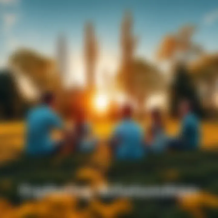 A group of people sitting together on grass, sharing thoughts and ideas amidst trees, illustrating inner and outer relationships.