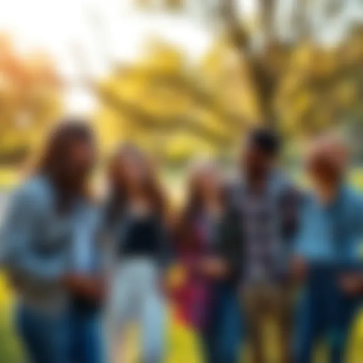 A diverse group of friends laughing and talking together in a sunny park, promoting friendship and connection.