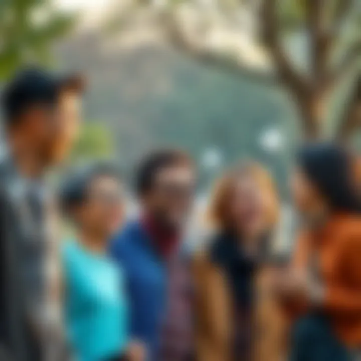 A group of diverse people smiling and engaging in conversation at a park, celebrating friendship and connection after a period of isolation.
