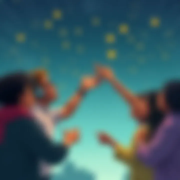 People connecting under the stars Illustration of diverse people reaching out to each other with stars in the background, symbolizing reconnections during Mercury retrograde