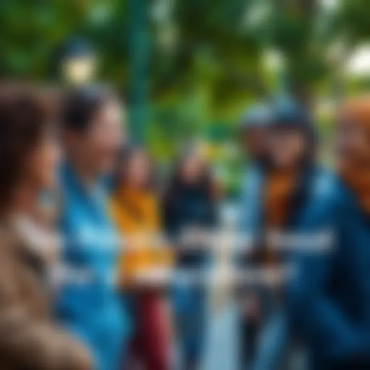 A group of diverse people smiling and interacting in a park setting, symbolizing meaningful connections in life.