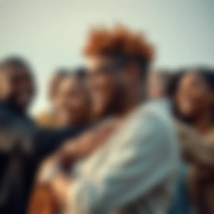 A diverse group of people embracing and smiling, representing connection and unity.