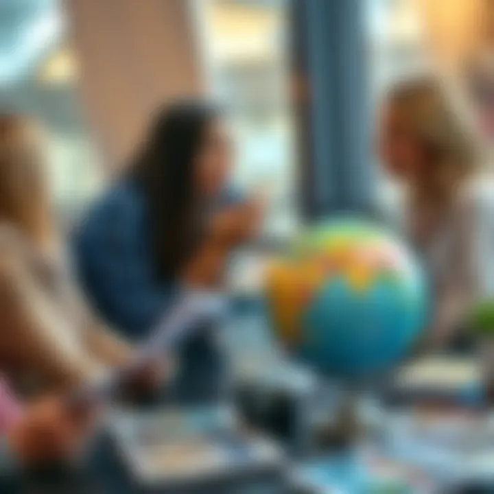 A group of individuals sharing stories about their dreams of relocating to another country, with a globe and travel brochures on a table.