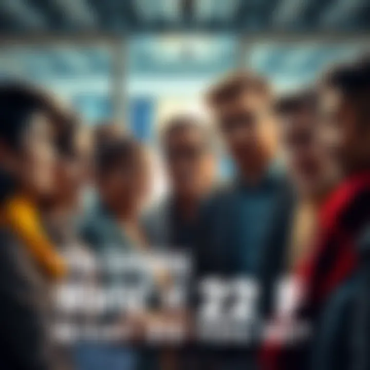 A diverse group of people engaged in conversation about 22 F, showing varying expressions of curiosity and interest.