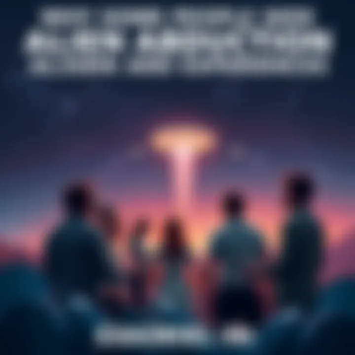 A group of people engaged in conversation about alien abduction experiences under a starry sky