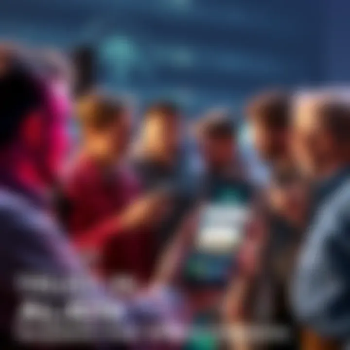 People discussing alien rumors A group of people engaging in lively conversation about alien sightings and rumors, with a smartphone showing social media feeds in the foreground