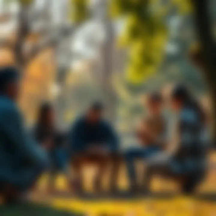 A group of people engaging in a thoughtful conversation about spirituality and beliefs in a park.