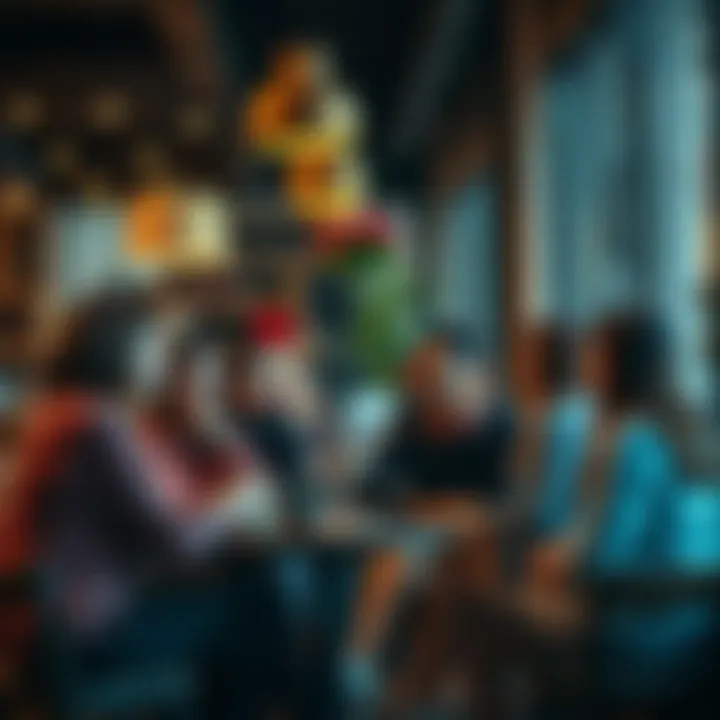 Group of diverse individuals in a café talking about body positivity and societal pressures on appearance.