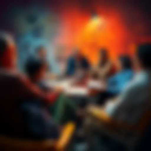 A group of people sitting in a circle, talking animatedly about conspiracy theories, with papers and notebooks scattered around them.