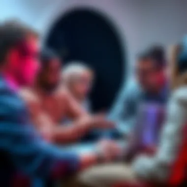 A group of people engaged in a discussion about ethics surrounding technology, with a laptop open showing ChatGPT.