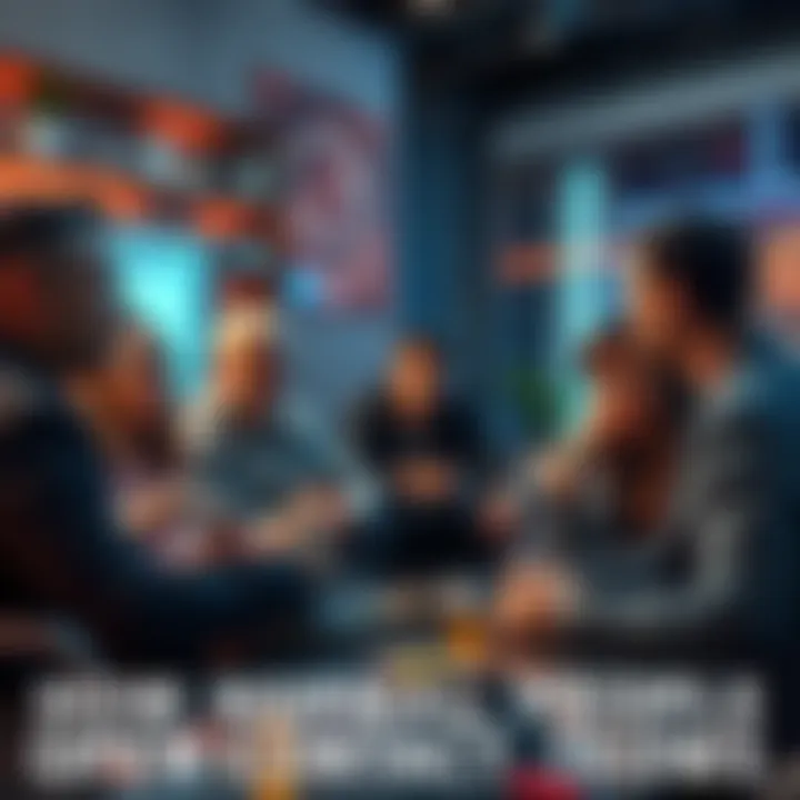 People Discussing Extraterrestrial Communication A group of diverse individuals sharing ideas about open contact with extraterrestrial beings in a casual setting.