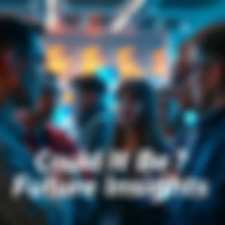 A group of people engaged in a conversation about future theories and insights, looking thoughtful and interested.