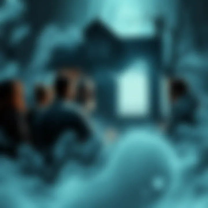 A group of people engaged in a discussion, sharing their thoughts on ghosts and spirits, with a spooky backdrop of a haunted house.