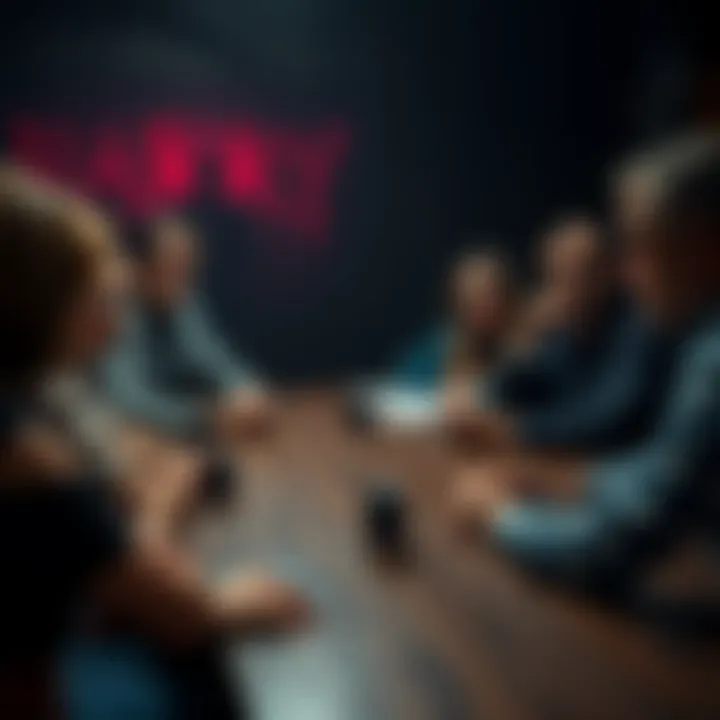 People Discussing Horror Topics A group of people sitting around a table, engaged in a serious discussion about horror and paranormal topics, with concerned expressions on their faces.