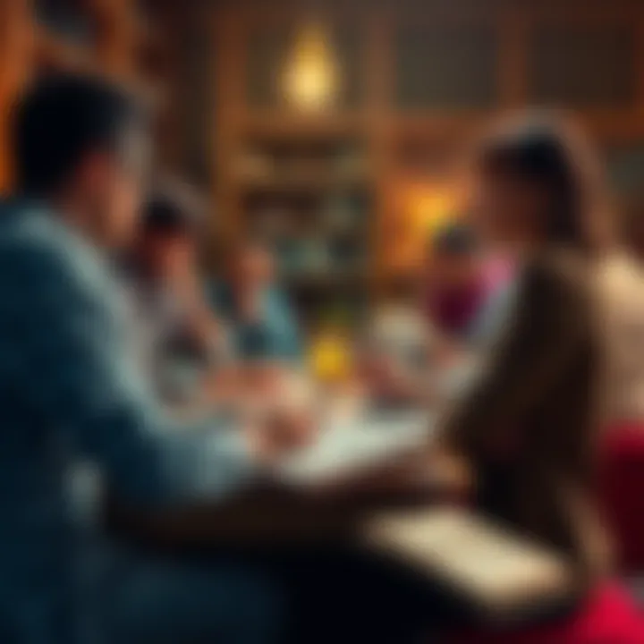 A group of people engaged in a thoughtful discussion about sharing knowledge and morals, with books and notes on a table.