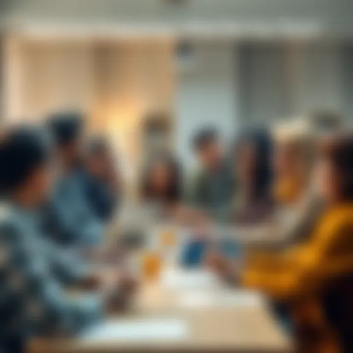A group of diverse people engaging in a lively conversation around a table, sharing their thoughts on current topics.