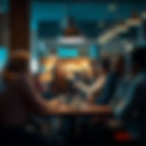 A diverse group of people in a café discussing a recent incident, looking curious and engaged.