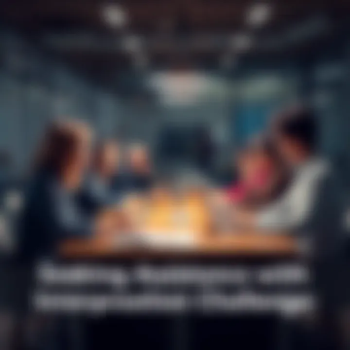 A group of people gathered around a table, engaged in a discussion about interpreting complex messages, with notebooks and laptops in front of them.