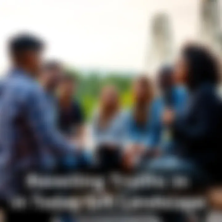 A group of diverse people engaged in a thoughtful discussion about societal issues in an outdoor setting