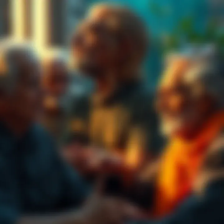 A group of people engaged in a conversation about Jiddhu Krishnamurti's philosophies, showing varied expressions of curiosity and contemplation.