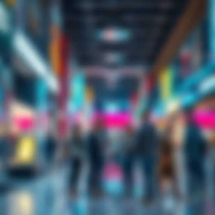 A group of people talking together with a vibrant mall backdrop, illustrating conversations about mallworld dreams.