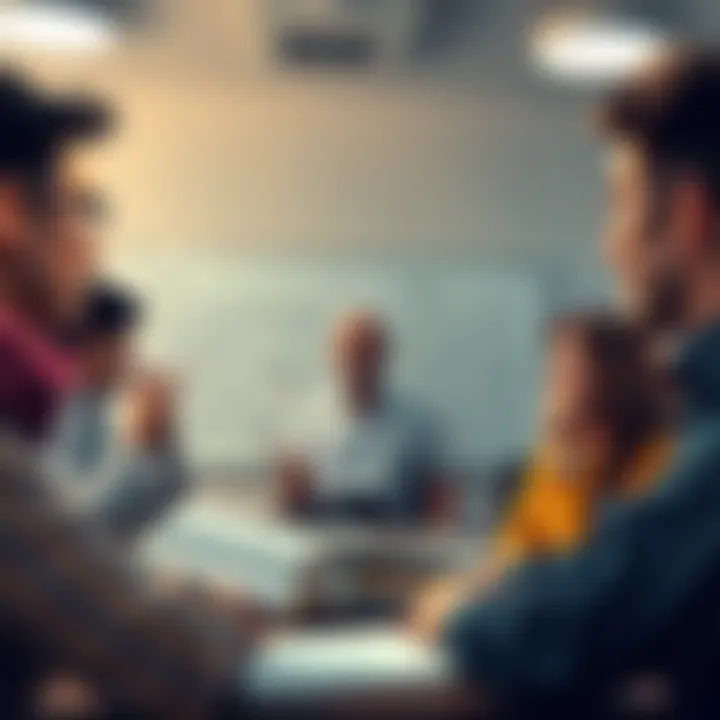 A group of people talking animatedly about the Mandela Effect, with puzzled expressions and gesturing, surrounded by books and a whiteboard filled with notes.