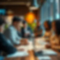 Group of people discussing news Diverse group of people engaged in conversation about current events around a table with news articles and a laptop