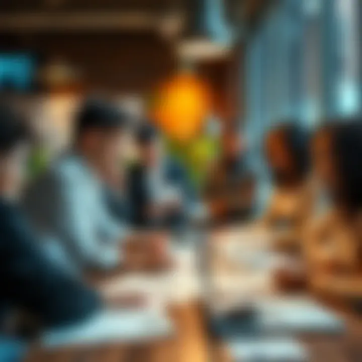 Group of people discussing news Diverse group of people engaged in conversation about current events around a table with news articles and a laptop