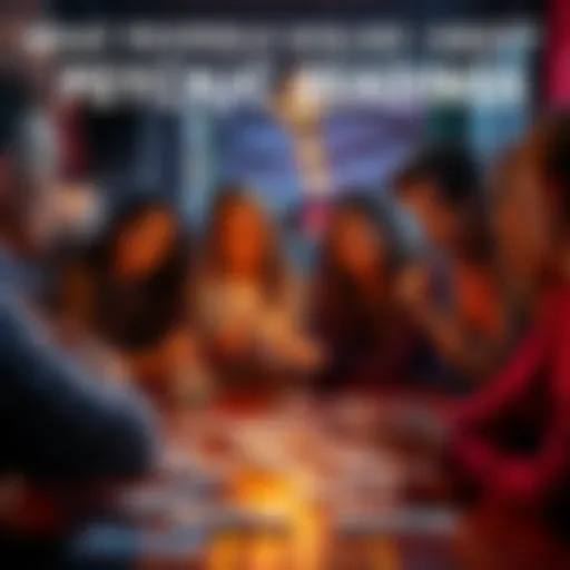 A group of people sharing their experiences and thoughts about psychic readings and tarot sessions, with cards laid out on a table, showing various reactions on their faces.