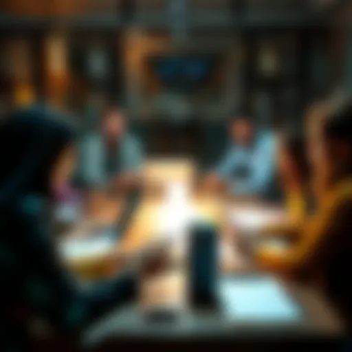 A diverse group of people engaged in a lively discussion around a table with laptops and notepads, sharing ideas and questions raised on forums.