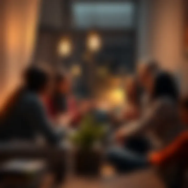 A diverse group of people engaging in a conversation about reincarnation beliefs in a cozy setting