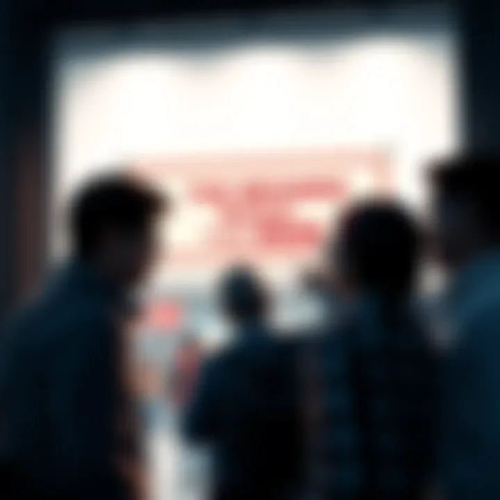 A group of people talking and pointing at a sign in a public area, sharing ideas about its meaning.