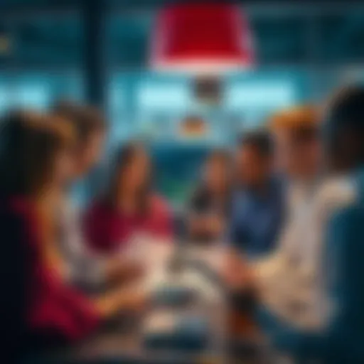 A group of diverse people engaged in a conversation about transparency and governance, with documents and digital devices around them.