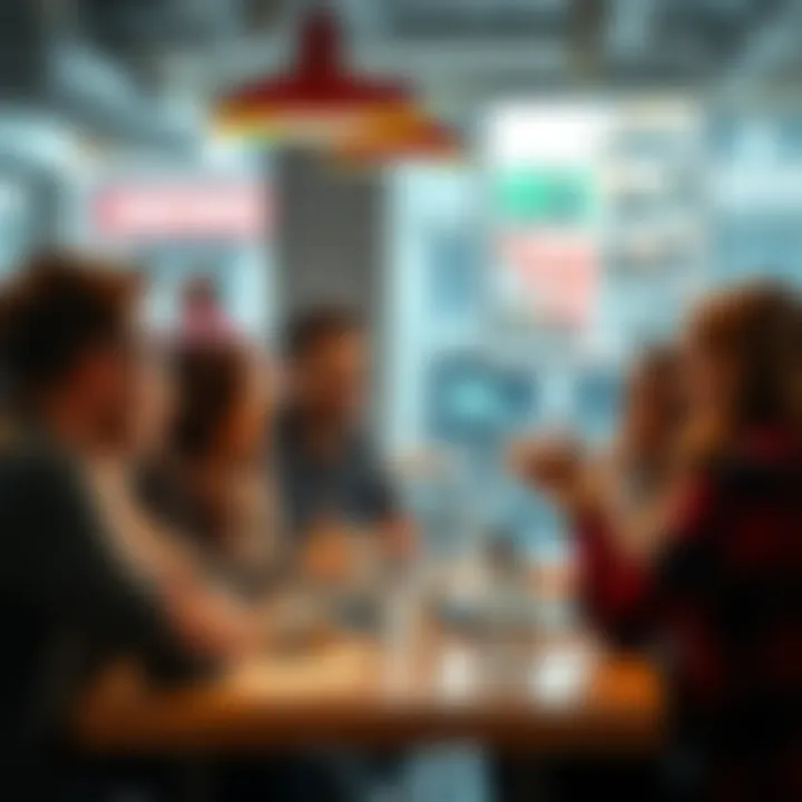 A diverse group of people sharing opinions in a lively discussion at a cafe