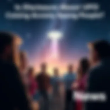People discussing UFO disclosures A group of people expressing anxiety while discussing upcoming UFO video releases, with a night sky and stars in the background.