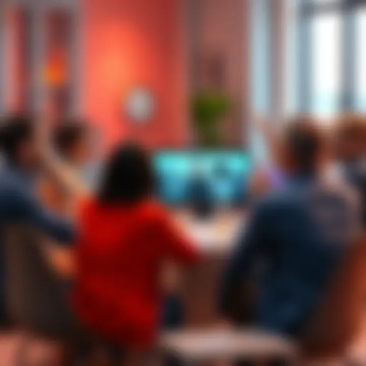 Several people sitting around a table sharing their thoughts on a video, with expressions of interest and engagement.