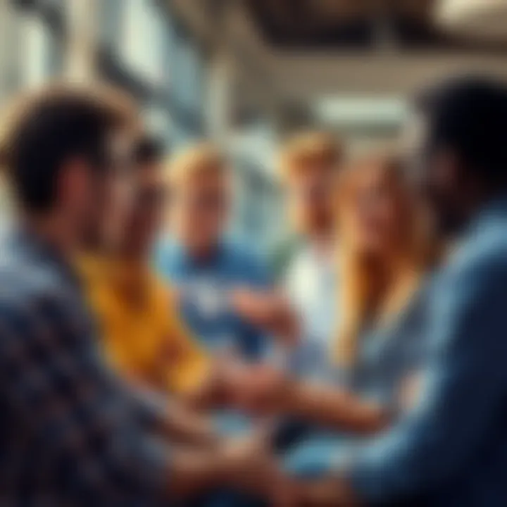 A group of diverse people engaging in a lively discussion, sharing different perspectives and ideas, some appearing animated and expressive, highlighting various views on normalcy and eccentricity.