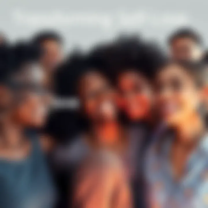 A group of diverse individuals smiling and sharing positive affirmations with each other, representing personal growth and self-acceptance.