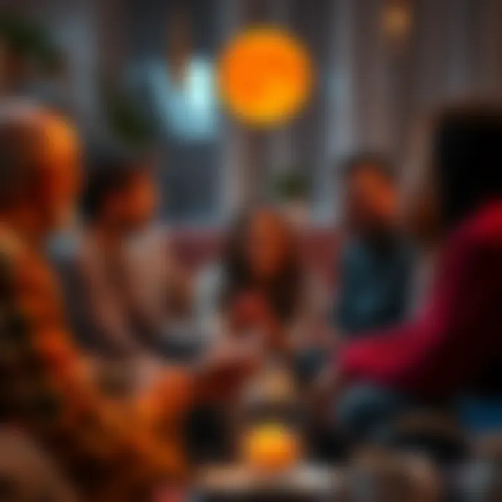 People Expressing Their Emotions After Lunar Eclipse A group of diverse people discussing their feelings and experiences after the lunar eclipse in a cozy setting.