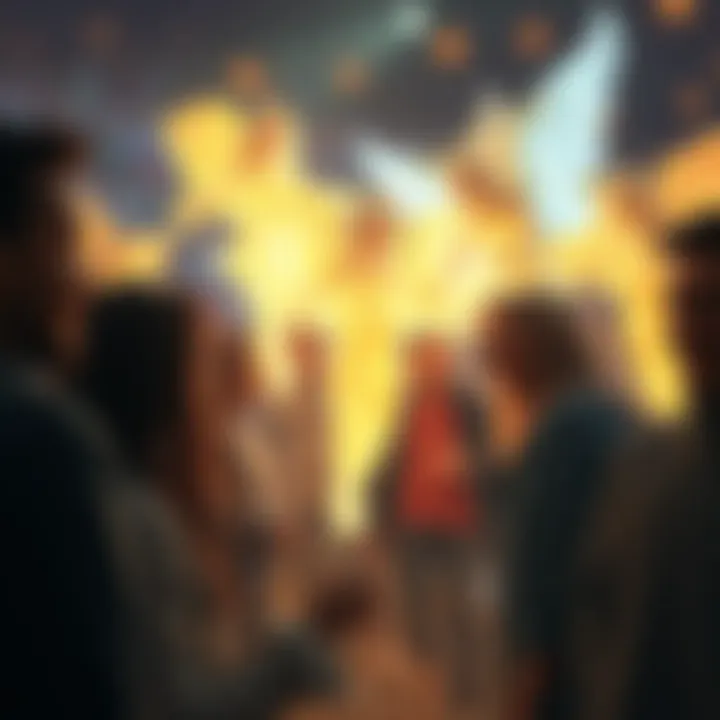 A group of people experiencing interactions with glowing figures representing angels and other entities, conveying emotions of awe and curiosity.