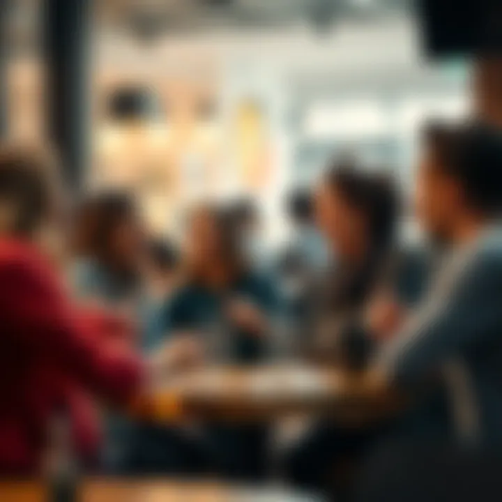 A group of people animatedly talking in a café, expressing excitement about a recent topic. They are sharing opinions and laughing.