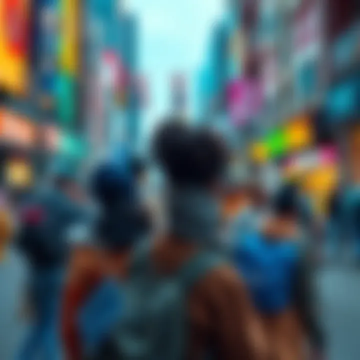 A group of diverse individuals working and connecting in a vibrant city setting, showcasing love and responsibility in life roles.