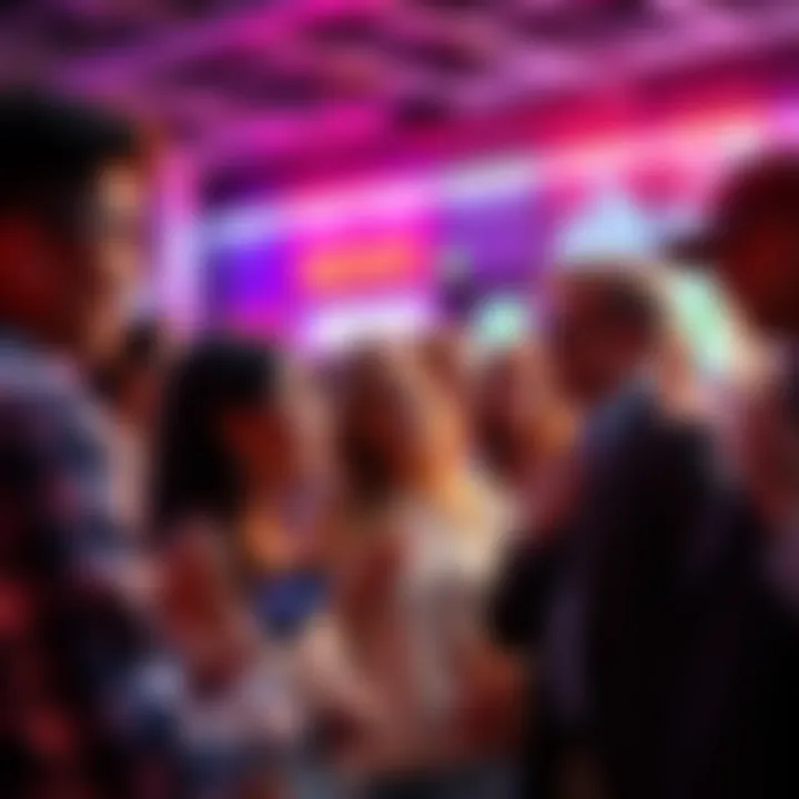 People engaging with news updates A group of people excitedly discussing recent news updates in a vibrant setting