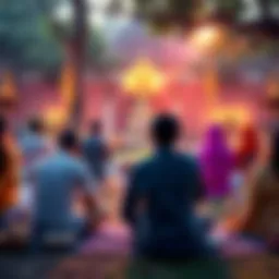 A group of people gathered in a serene setting, practicing meditation and prayer to connect with their deities.