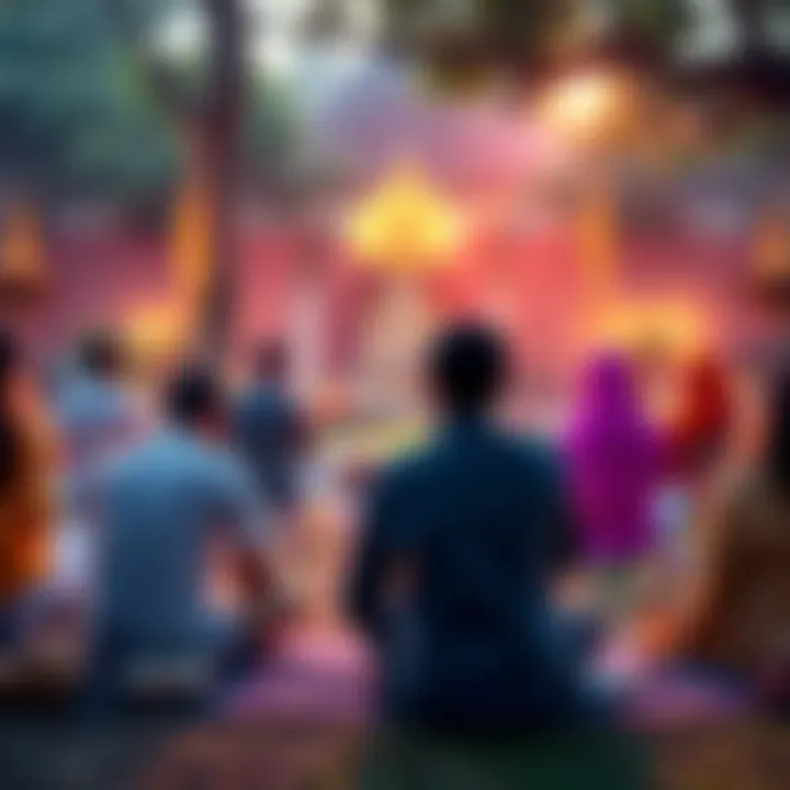 A group of people gathered in a serene setting, practicing meditation and prayer to connect with their deities.